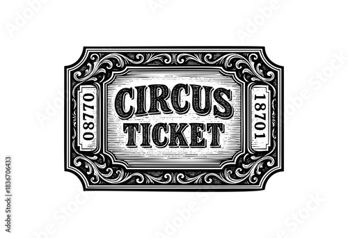 An Antique-Style Circus Ticket With Ornate Details, Featuring a Woodcut Aesthetic — Stock Illustration.