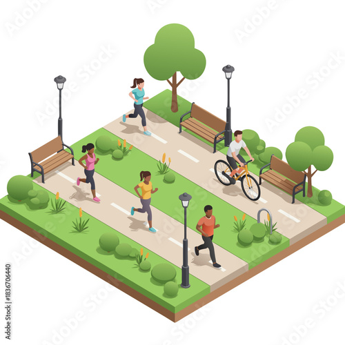 Isometric Vector Illustration of People Jogging and Cycling on a Pathway Through a Green Park with Benches and Streetlights on a Sunny Day