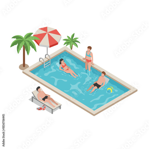 Isometric Vector Scene Of People Relaxing In A Swimming Pool On A Sunny Day With Palm Trees And A Beach Umbrella Overhead For A Refreshing Summer Vacation Atmosphere