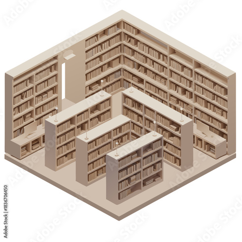 Isometric View Of A Beige Colored Library With Floor To Ceiling Bookshelves Filled With Books And Small Lamps Between Aisles
