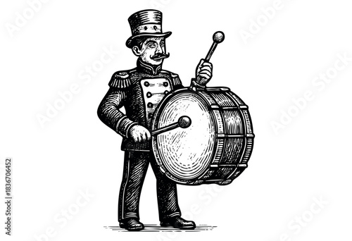 A Vintage-Style Engraving Features a Marching Band Drummer With a Large Mustache and Top Hat Holding Mallets and a Drum — Stock Illustration.