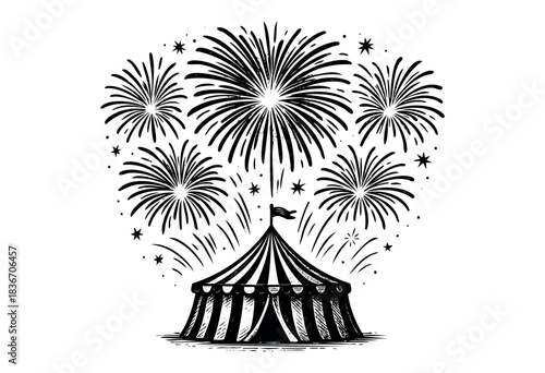 A Vintage-Style Circus Tent Is Displayed With Bursts of Fireworks Above, Creating a Festive and Celebratory Atmosphere — Stock Illustration.