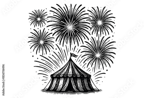 Monochrome Vintage Circus Tent With Fireworks Display Creates a Celebratory Atmosphere — Stock Vector.