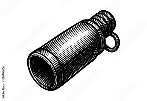 Black and White Engraving of a Classic Thermos Bottle With a Decorative Handle and Ridged Cap — Stock Vector.