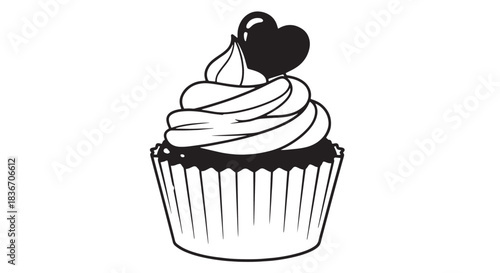 Whimsical monochrome cupcake illustration featuring swirled frosting and a cherry on top.