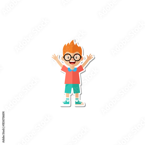Joyful Boy With Red Hair Wearing Glasses and Casual Clothing Arms Raised in Celebration Against a Black Background