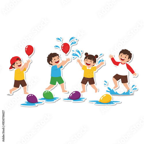 Joyful Children Playing Water Balloons Outdoors on a Sunny Day Splashing Water and Having Fun