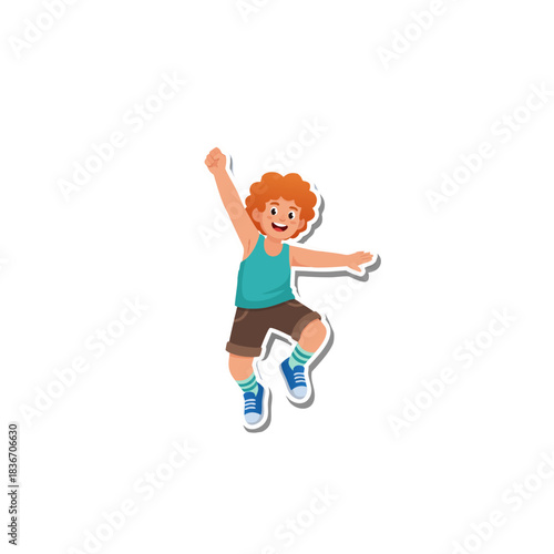 Joyful Red Haired Boy Wearing Teal Tank Top and Brown Shorts Mid Jump with Arms Raised High in Celebration against a Black Background