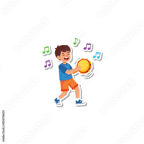 Joyful young boy in blue t-shirt and orange shorts playing a tambourine with colorful musical notes floating around him against a black background showcasing a happy energetic childhood moment
