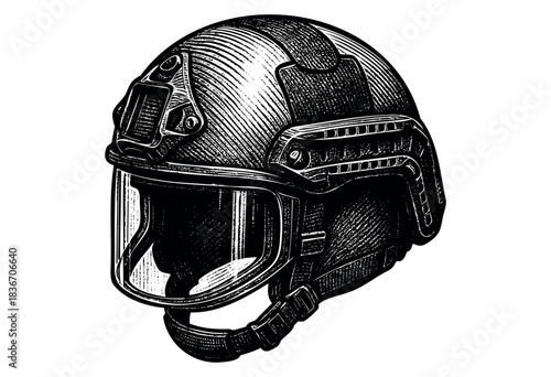 Detailed Line Drawing of a Modern Tactical Helmet With a Face Shield, Showcasing a Graphic Style Ideal for Design and Illustration Purposes — Stock Vector.