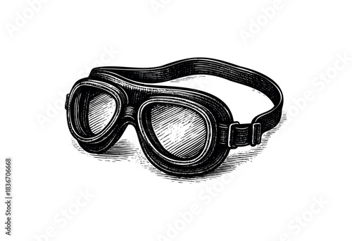A Detailed Engraving of Retro Aviator Goggles in Black and White — Stock Vector.
