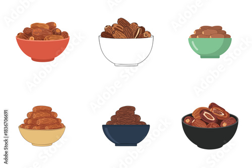Dates Bowl Collection Flat Vector Fresh Dried Sweet Date Fruit