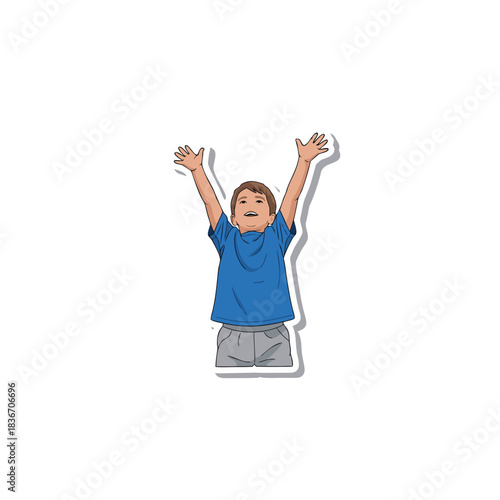Joyful Young Boy With Arms Raised Up In A Blue T Shirt and Grey Shorts Celebrating Victory Against a Black Background