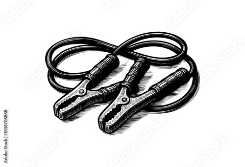 Vintage Style Drawing of Jumper Cables for Car Battery Charging — Stock Vector.