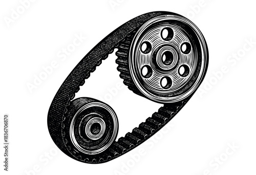 A Belt and Pulley System Is Shown in Black and White With a Vintage Etching Style — Stock Illustration.