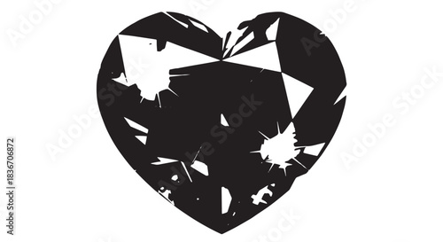 Fragmented heart silhouette with fractured geometric pattern in black and white.