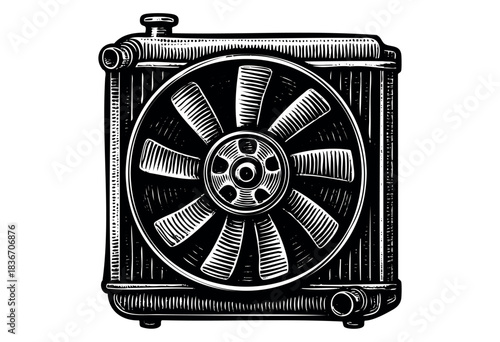 Monochrome Vector Illustration of a Vintage Car Radiator With Fan in a Woodcut Style — Stock Illustration.