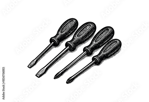 Four Screwdrivers Are Arranged in a Row in Vintage Engraving Style — Stock Vector.
