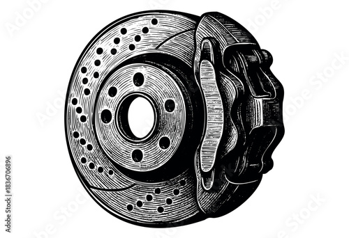 Detailed Black and White Drawing of a Car Brake Disk and Caliper, Perfect for Automotive Designs — Stock Illustration.