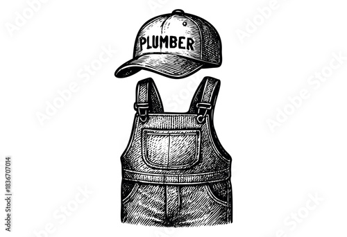 Hand-Drawn Plumber Outfit With Cap and Overalls in Engraving Style — Stock Illustration.