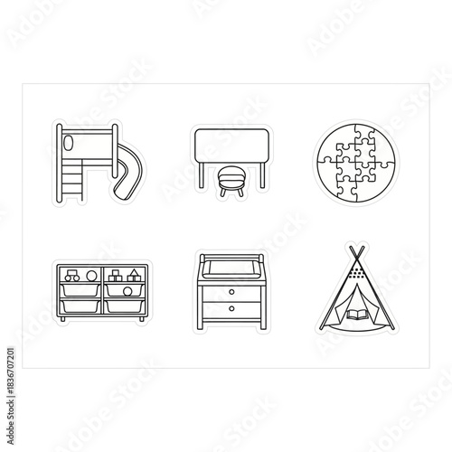 playroom furniture icons outline illustrations of a slide table toy organizer teepee  changing table perfect for childrens room decor and playful learning
