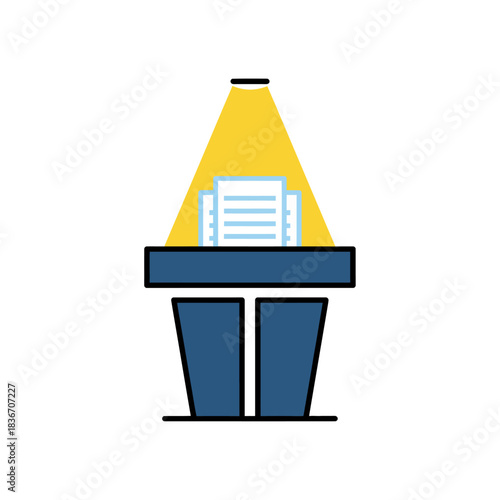 Presentation podium under spotlight with documents conveying authority public speaking and information ideal for communication and business content.