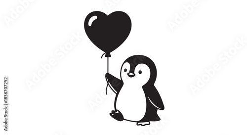Adorable penguin holding a heart shaped balloon in a playful winter scene.