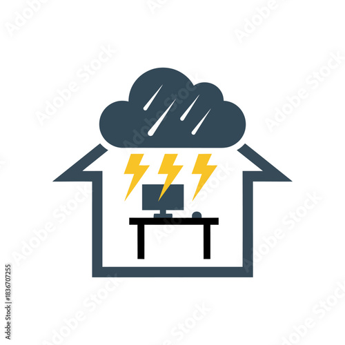 protecting electronics from power surge at home illustrating home security with a desktop under a stormy cloud suitable for tech blogs