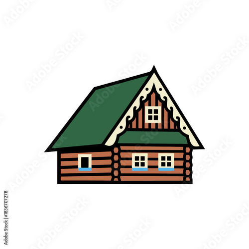 Quaint log cabin illustration a rustic woodland home with green roof and charming details ideal for travel blogs and cozy countryside designs.