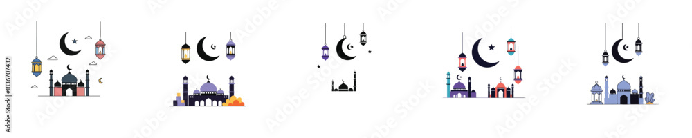 Fototapeta premium Ramadan Mubarak Mosque Lantern Crescent Moon Flat Vector Islamic Artwork