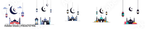 Islamic Ramadan Mosque Lantern Crescent Moon Flat Vector Festive Illustration