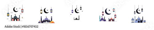 Ramadan Mubarak Mosque Lantern Crescent Moon Flat Vector Islamic Artwork