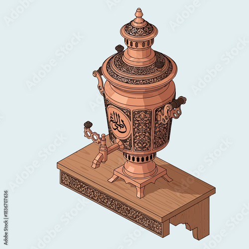 Vintage samovar on ornamented wooden table, cultural tea ceremony artwork
