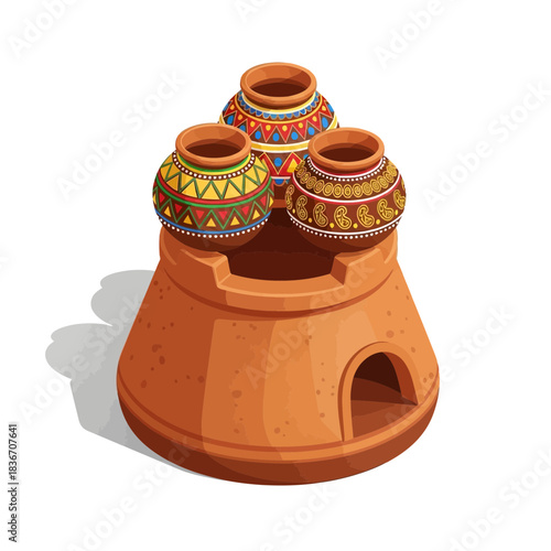 Artistic Clay Pots Displayed on a Traditional Cookstove for Decorative Purposes