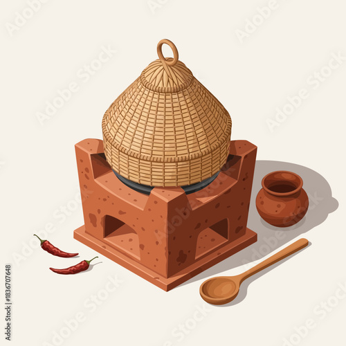 Authentic Asian Kitchenware Still Life with Spice on Plain Background