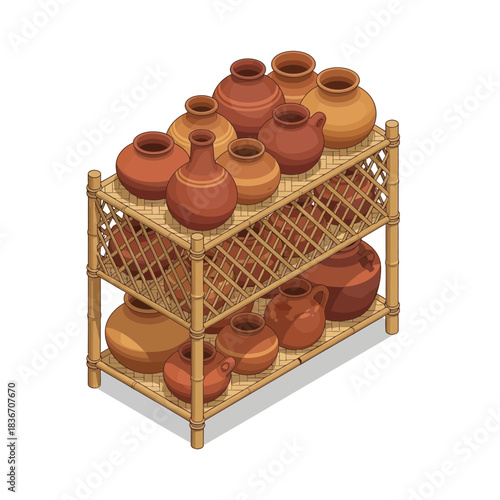 Collection of Clay Pots on a Rustic Bamboo Shelf Displaying Pottery Art
