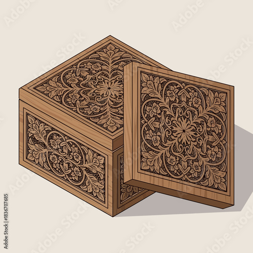 Elaborate wooden jewelry box with floral carvings and removable lid