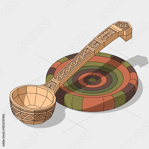 Detailed illustration of an old hand carved wooden spoon on the table