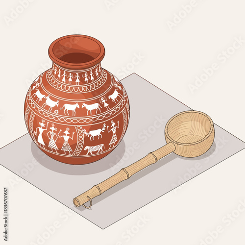 Earthenware pot with tribal art and wooden dipper, creating cultural harmony