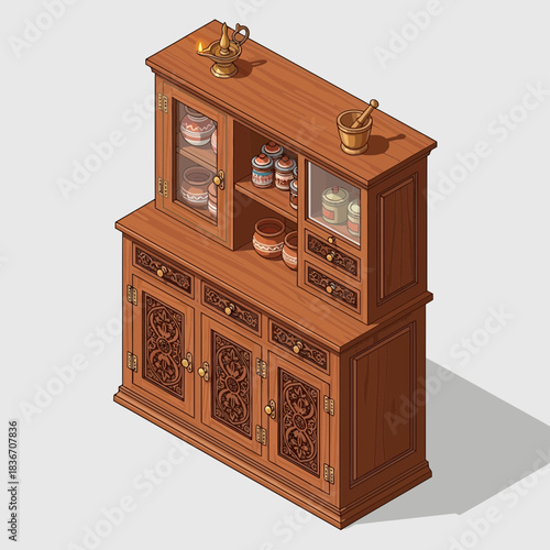 Ornate isometric wooden cabinet with vintage pottery and mortar detail
