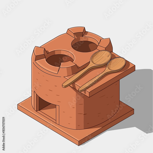 Rustic clay stove with wooden spoons for traditional culinary experiences
