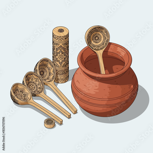 Rustic handcrafted wood and clay kitchenware arrangement of rural tableware
