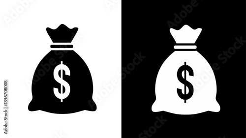 Money Bag Icon Set Black and White Financial Symbol Wealth Savings Investment Profit