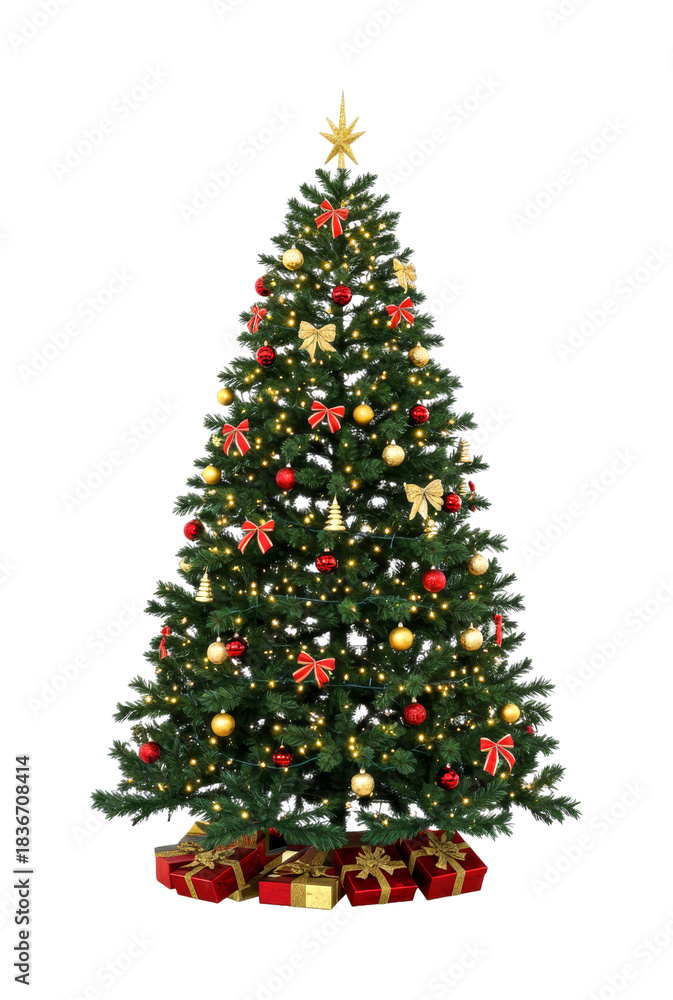 Obraz premium Beautifully decorated artificial Christmas tree stands tall, adorned with glowing lights, golden star, red and gold ornaments, and festive bows, with wrapped gifts at its base
