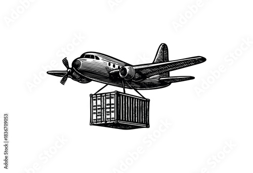 A vintage style airplane is transporting a shipping container in black and white — stock illustration.