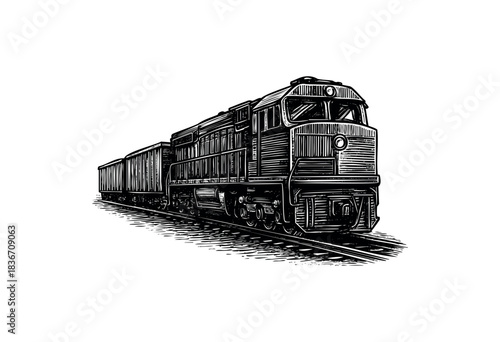 A powerful freight train is depicted in a detailed black and white engraving style — stock illustration.
