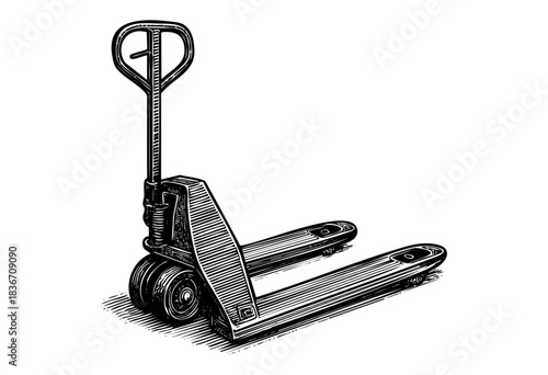 A hand pallet truck is depicted in a vintage, engraved style — stock illustration.