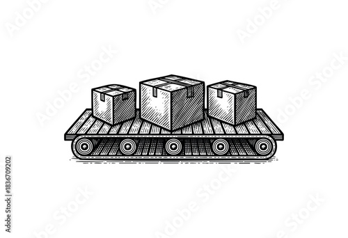 A woodcut-style illustration features boxes transported on a conveyor belt — stock illustration.