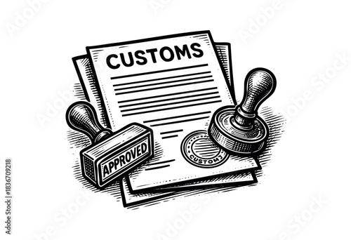 Engraved illustration of a customs document with approval stamps, signifying international trade and clearance processes — stock vector.