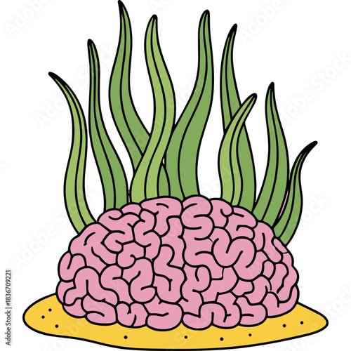 Pink Brain Growing From Sandy Ocean Floor Surrounded by Green Seaweed Under Clear Lighting Conditions